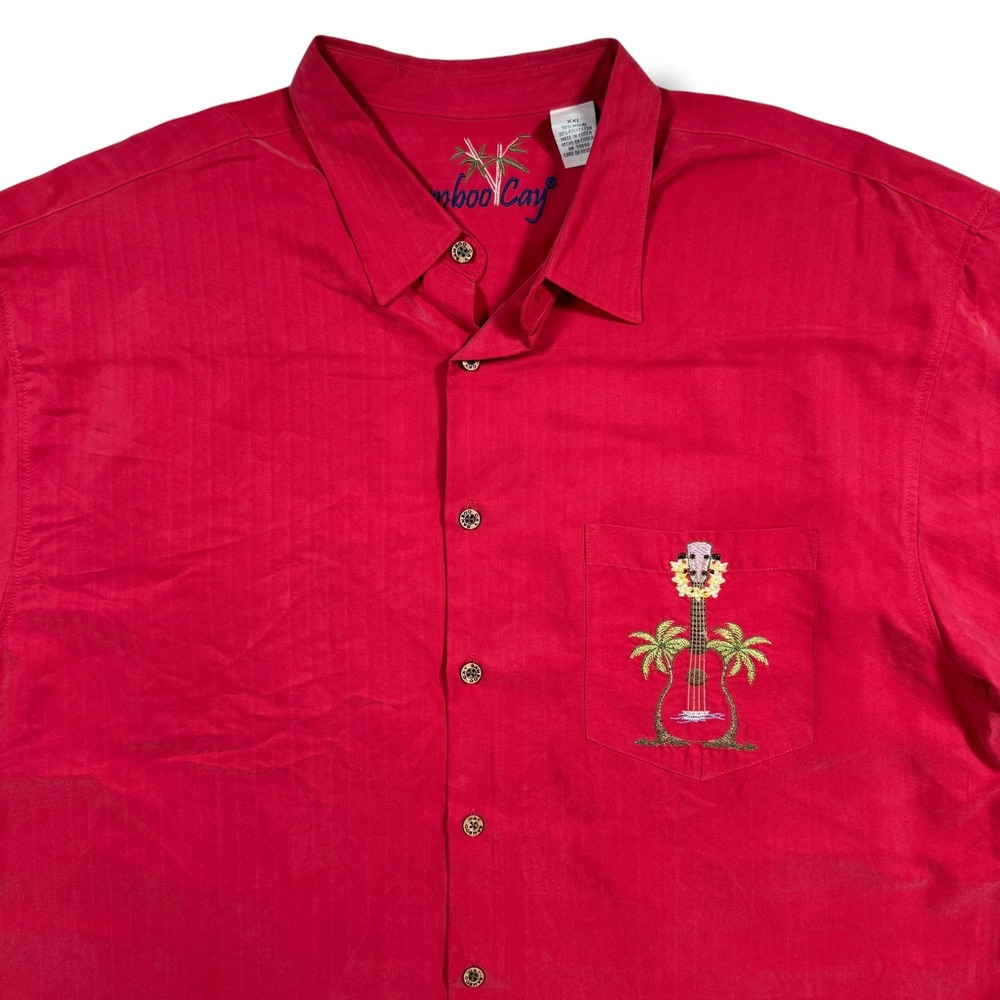 Bamboo Cay Camp Shirt Mens XXL Red Paradise Tunes Ukulele Embroidered Button Up